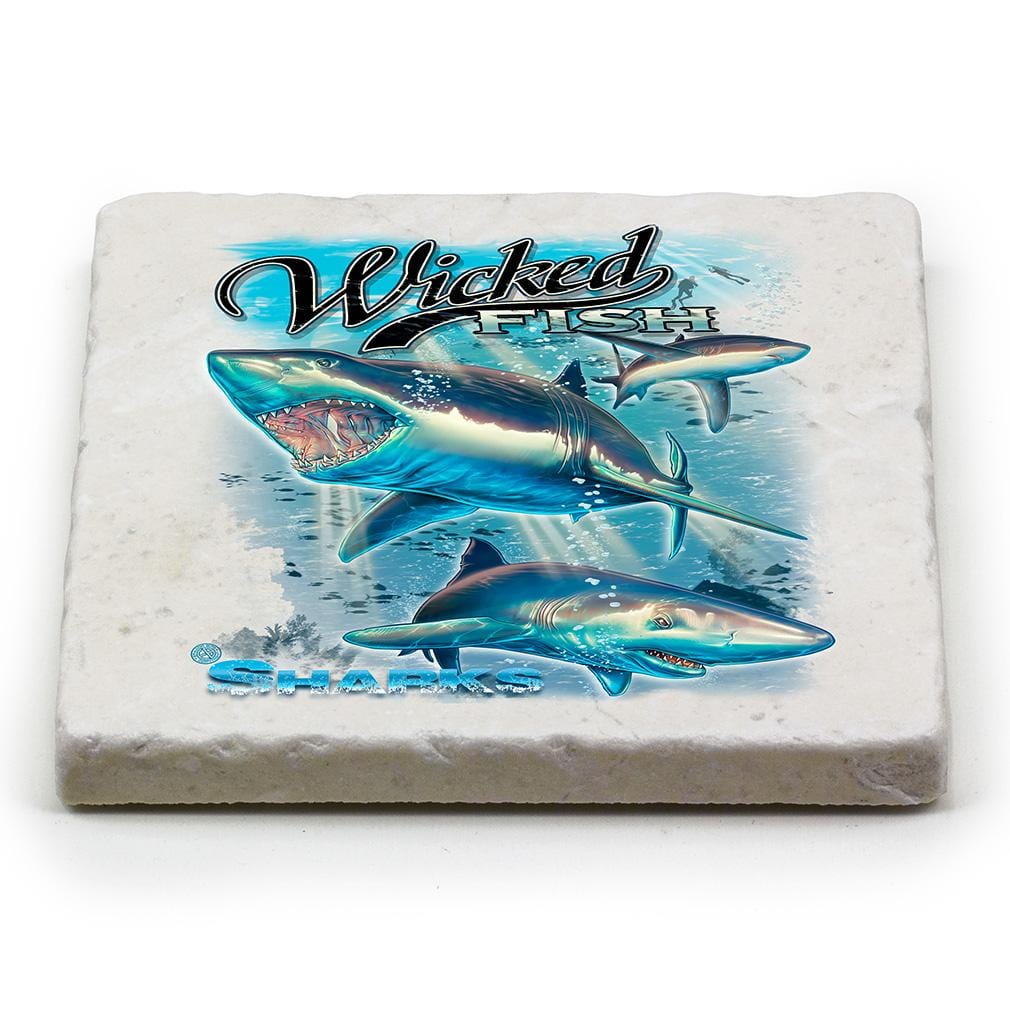 Fishing Wicked Fish Shark Ivory Tumbled Marble 4IN x 4IN Coasters Gift Set