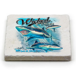 More Picture, Fishing Wicked Fish Shark Ivory Tumbled Marble 4IN x 4IN Coasters Gift Set