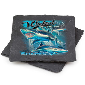 More Picture, Fishing Wicked Fish Shark Black Slate 4IN x 4IN Coasters Gift Set