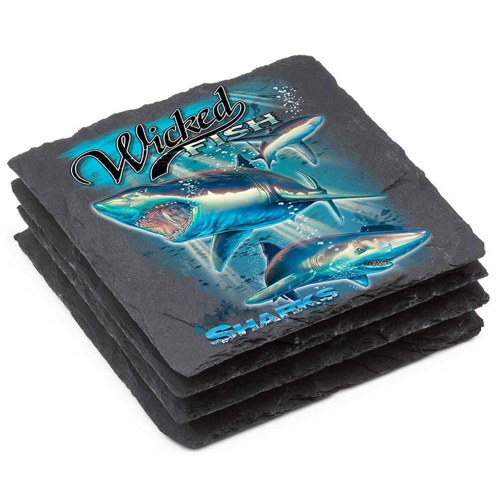 Fishing Wicked Fish Shark Black Slate 4IN x 4IN Coasters Gift Set