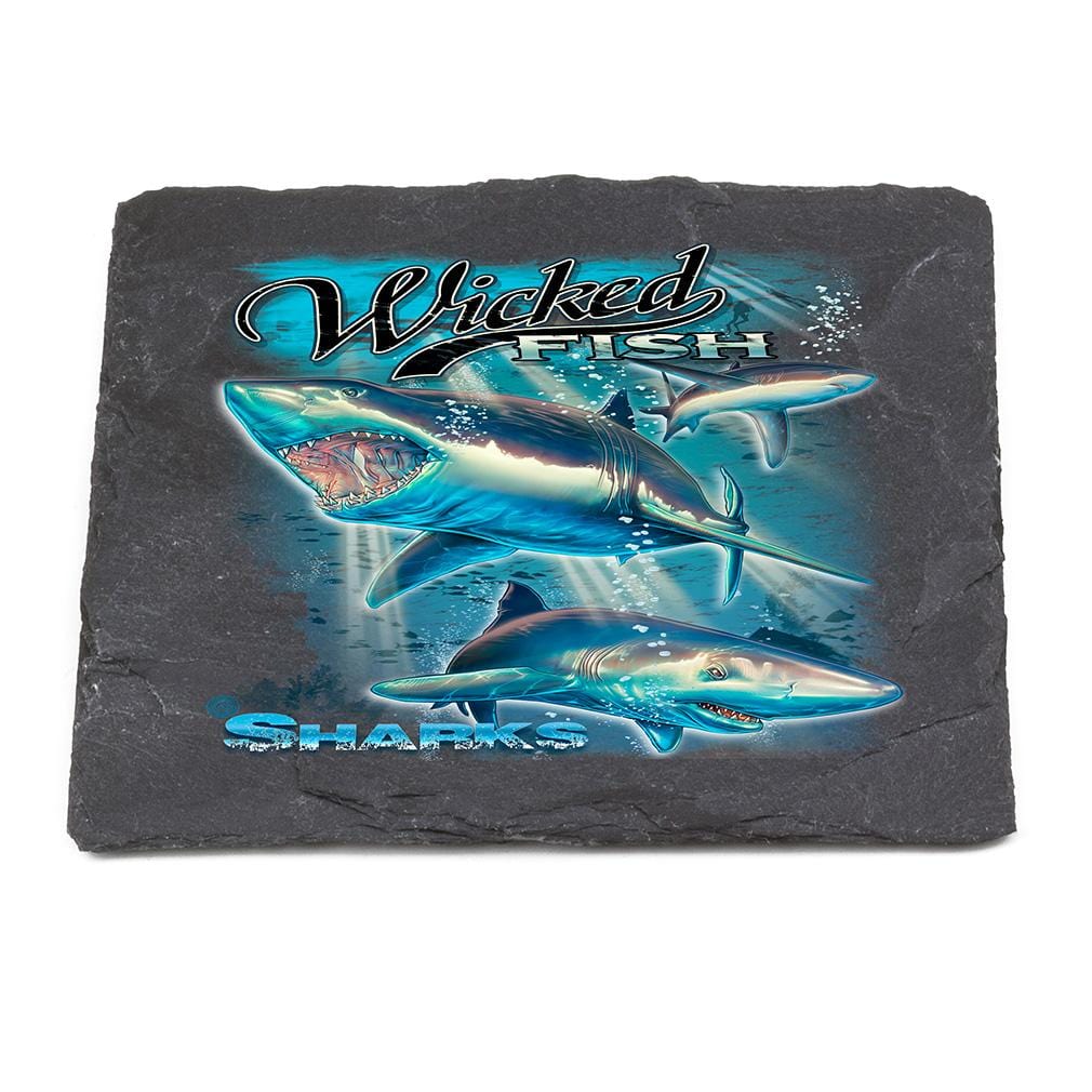 Fishing Wicked Fish Shark Black Slate 4IN x 4IN Coasters Gift Set
