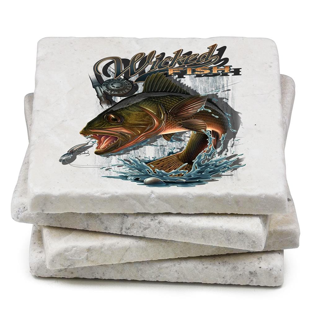 Fishing Wicked Fish Walley Ivory Tumbled Marble 4IN x 4IN Coasters Gift Set