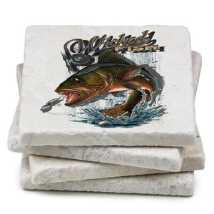 More Picture, Fishing Wicked Fish Walley Ivory Tumbled Marble 4IN x 4IN Coasters Gift Set