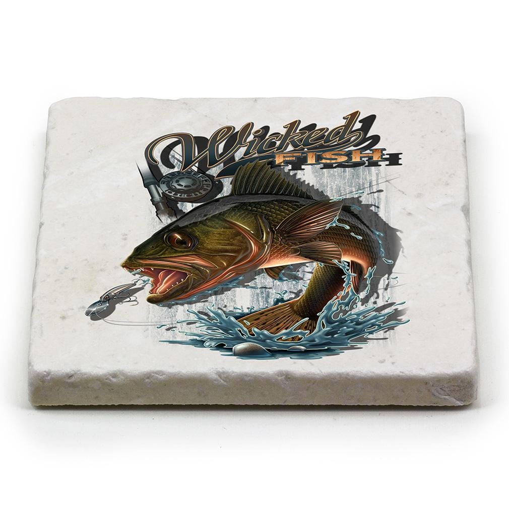 Fishing Wicked Fish Walley Ivory Tumbled Marble 4IN x 4IN Coasters Gift Set