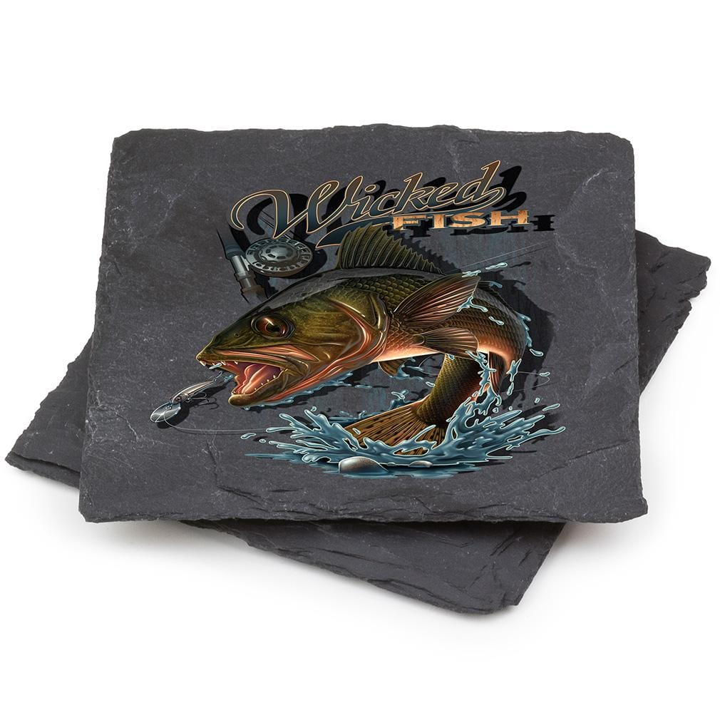 Fishing Wicked Fish Walley Black Slate 4IN x 4IN Coasters Gift Set