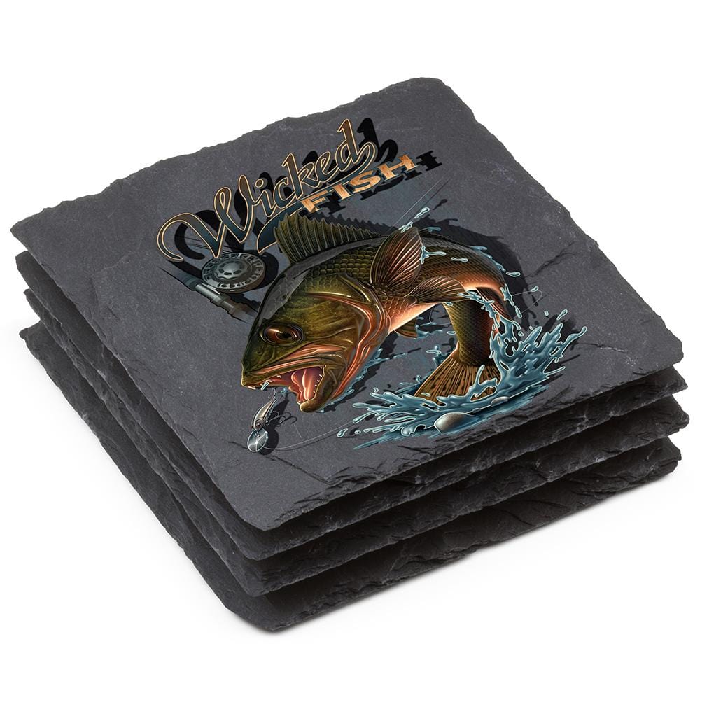 Fishing Wicked Fish Walley Black Slate 4IN x 4IN Coasters Gift Set