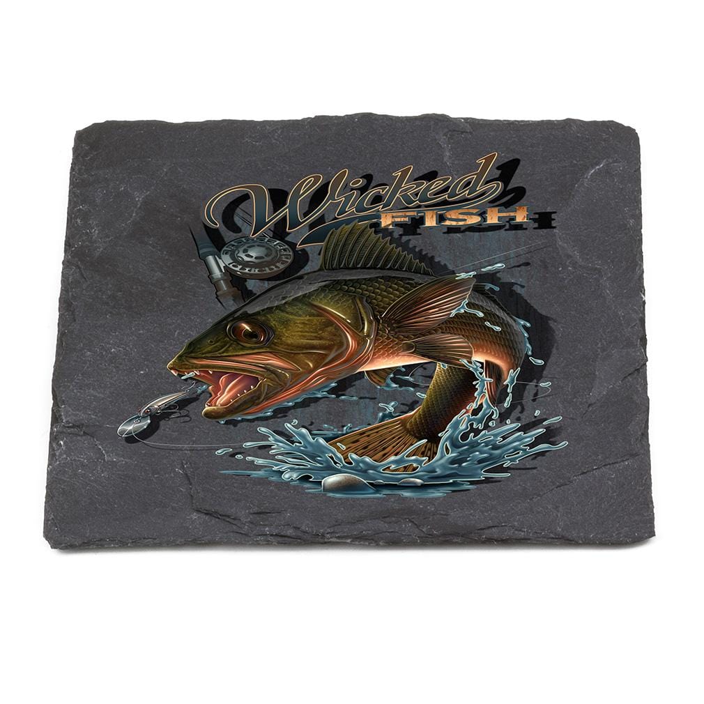 Fishing Wicked Fish Walley Black Slate 4IN x 4IN Coasters Gift Set