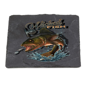More Picture, Fishing Wicked Fish Walley Black Slate 4IN x 4IN Coasters Gift Set