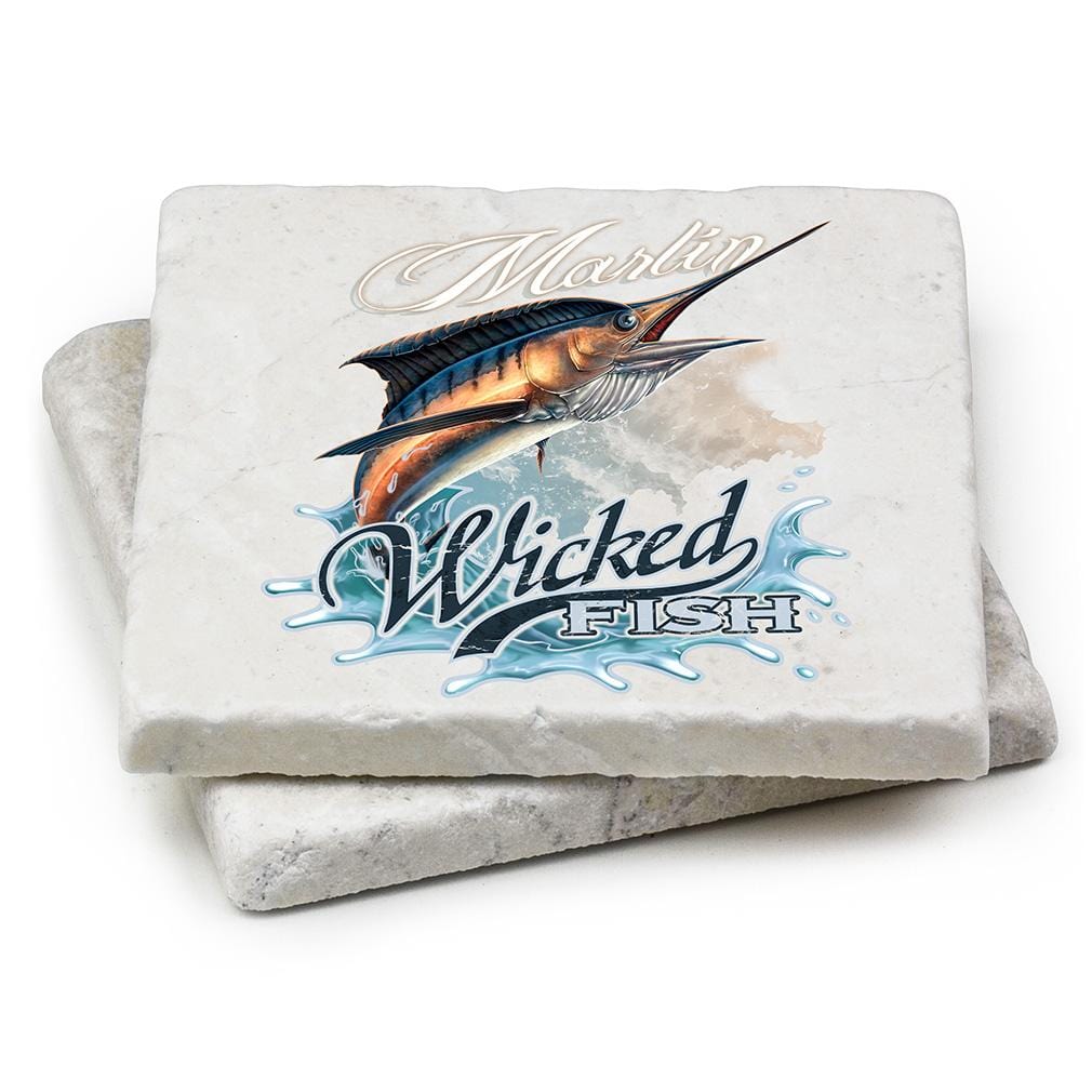 Fishing Wicked Fish Marlin Ivory Tumbled Marble 4IN x 4IN Coasters Gift Set