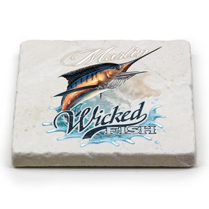 More Picture, Fishing Wicked Fish Marlin Ivory Tumbled Marble 4IN x 4IN Coasters Gift Set