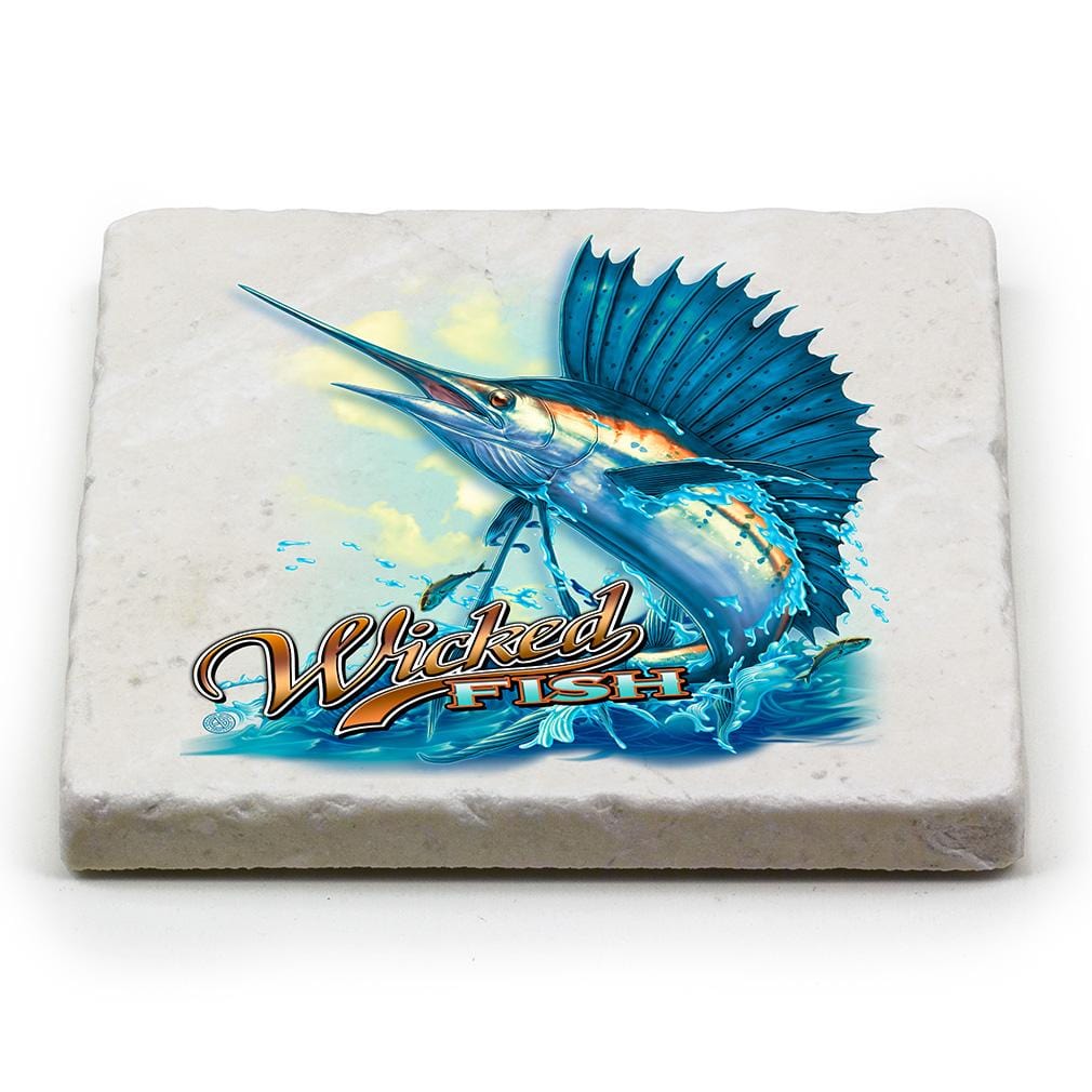 Hunting Wicked Fish Sail Fish Ivory Tumbled Marble 4IN x 4IN Coasters Gift Set