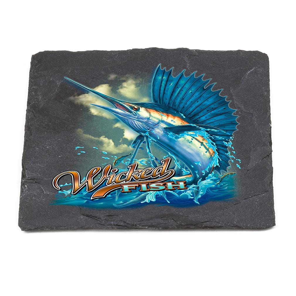 Hunting Wicked Fish Sail Fish Black Slate 4IN x 4IN Coasters Gift Set