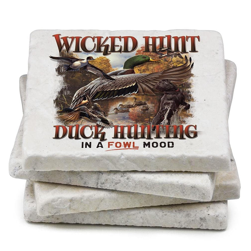 Hunting Mega Bucks Ivory Tumbled Marble 4IN x 4IN Coasters Gift Set