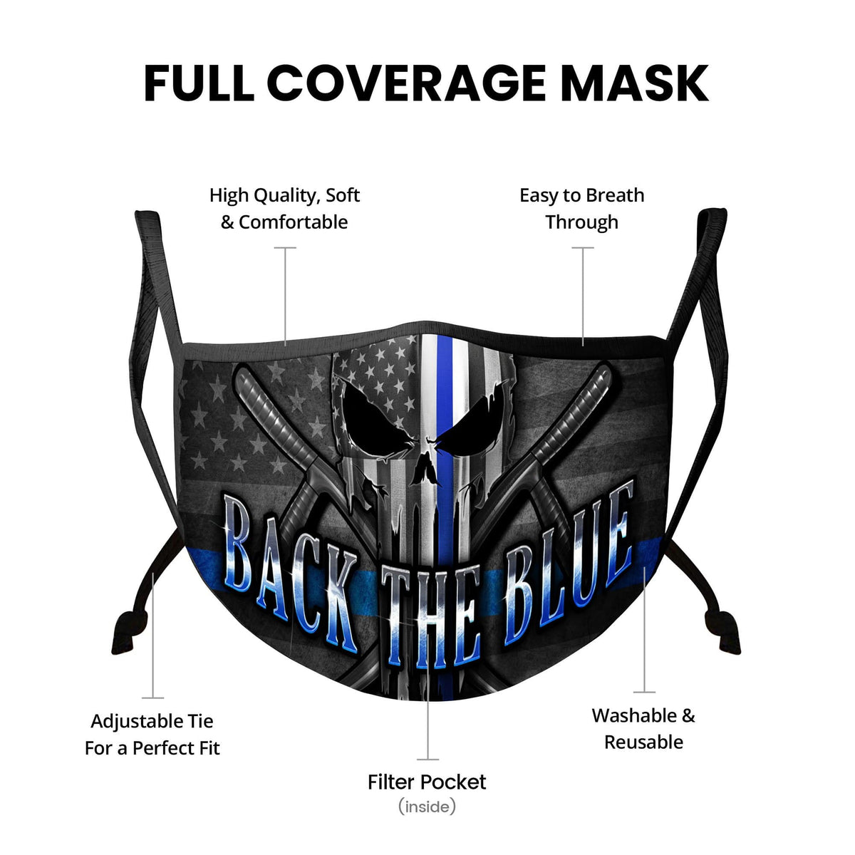 Law Enforcement Back the Blue Freedom Skull Premium Face Mask