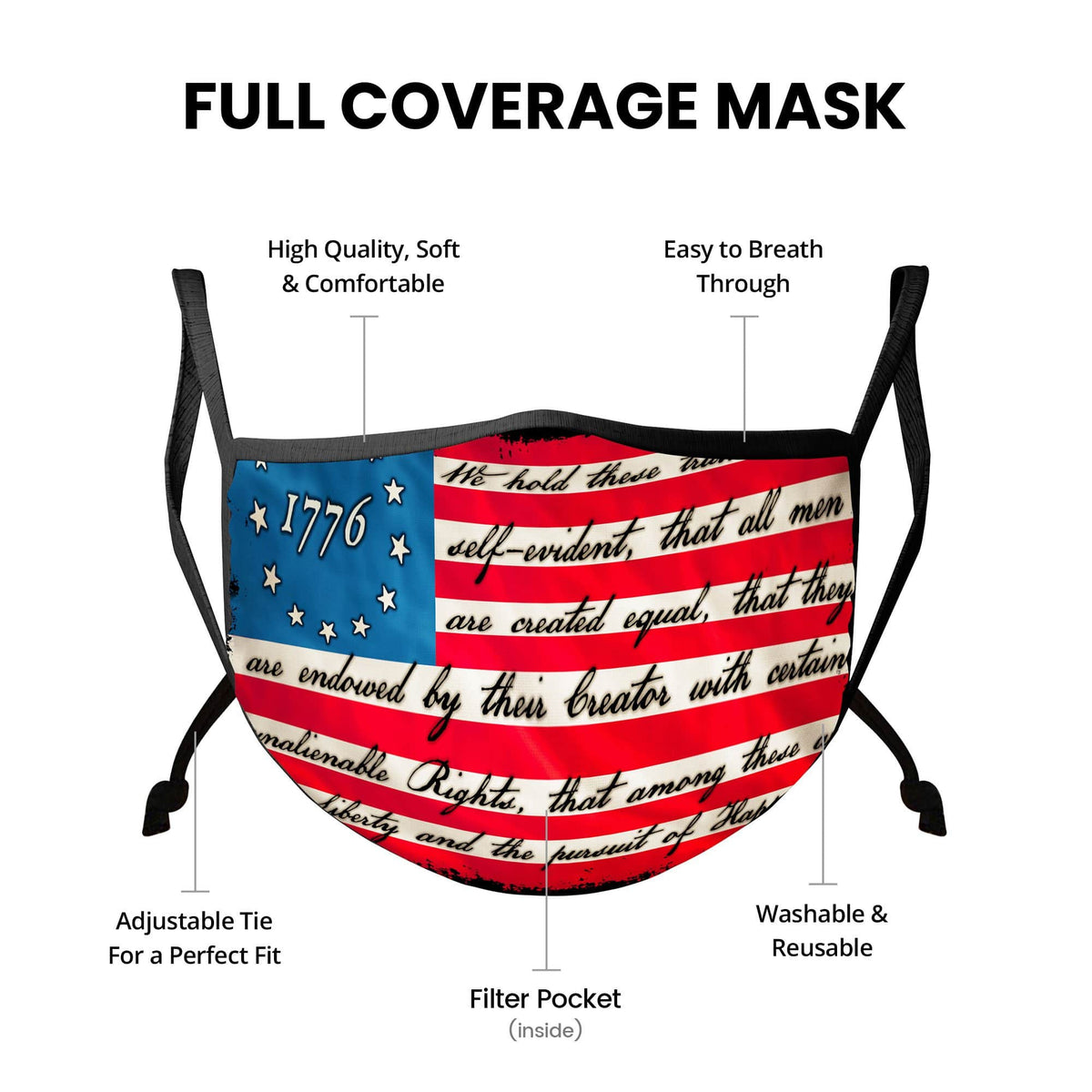 Patriotic 1776 Betsy Ross Flag Liberty and Justice For All Face Mask