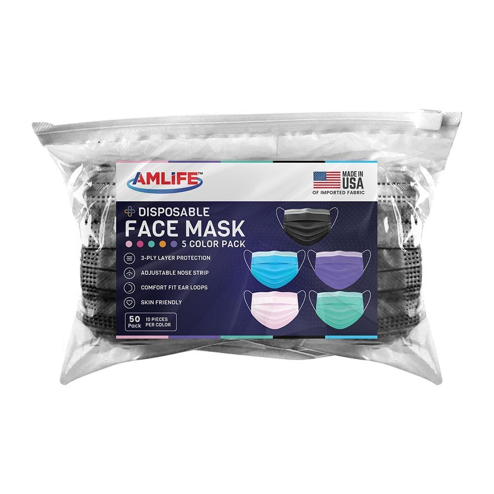 Amlife 50 Pack Face Masks 5 Colors 3-Ply - Made in USA with Imported Fabric