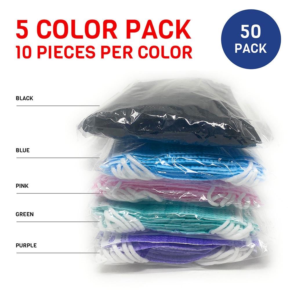 Amlife 50 Pack Face Masks 5 Colors 3-Ply - Made in USA with Imported Fabric