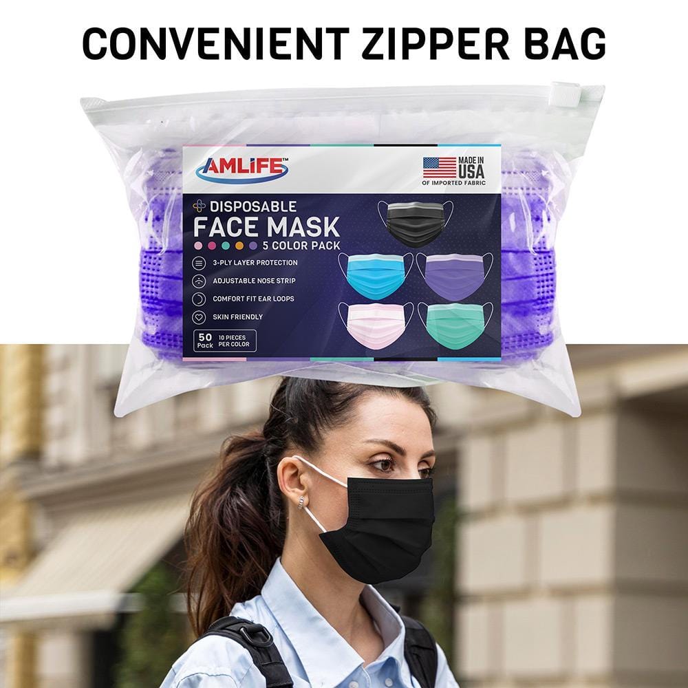 Amlife 50 Pack Face Masks 5 Colors 3-Ply - Made in USA with Imported Fabric