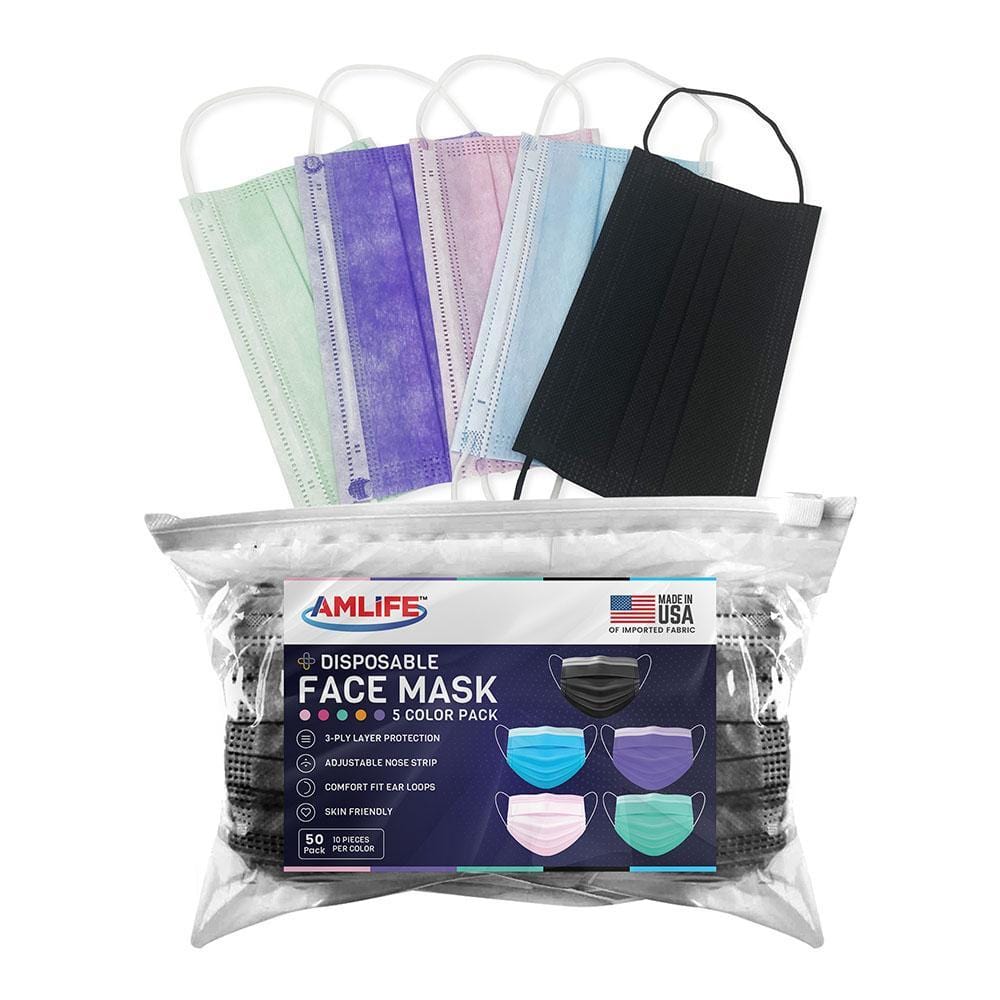 Amlife 50 Pack Face Masks 5 Colors 3-Ply - Made in USA with Imported Fabric